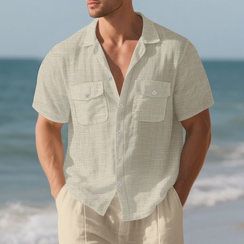 Chemise d'été à manches courtes pour homme, couleur unie, double poche, décontractée, pour les vacances_voghion.com