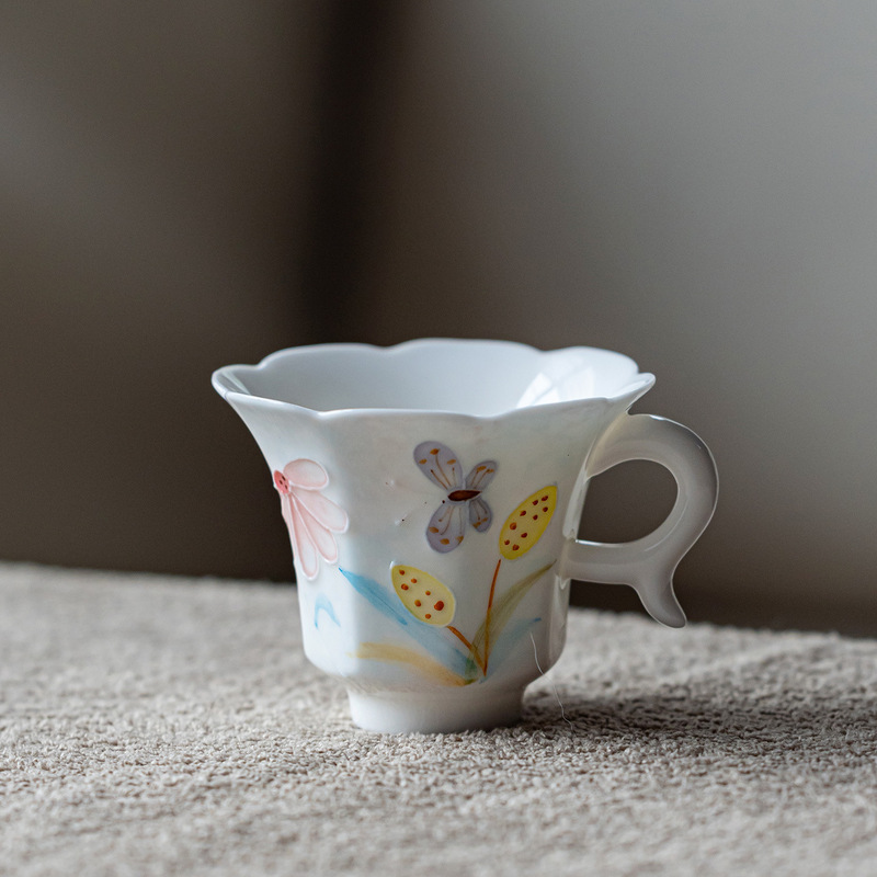 Tea Trace Butterfly Trace Ceramic Tea Cup Hand-Painted Butterfly Flower Mouth Master Cup Single Cup Ceramic Household Supplies Tea Cup