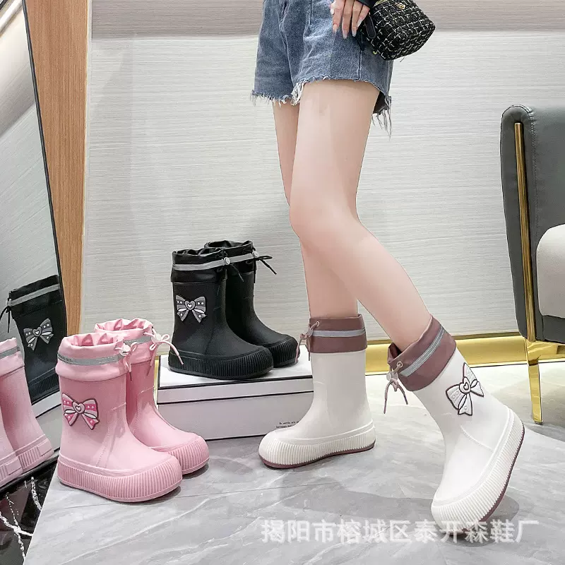 韩版卡通时尚蝴蝶结中筒雨鞋舒适防水防滑轻便柔软耐磨加厚底雨靴