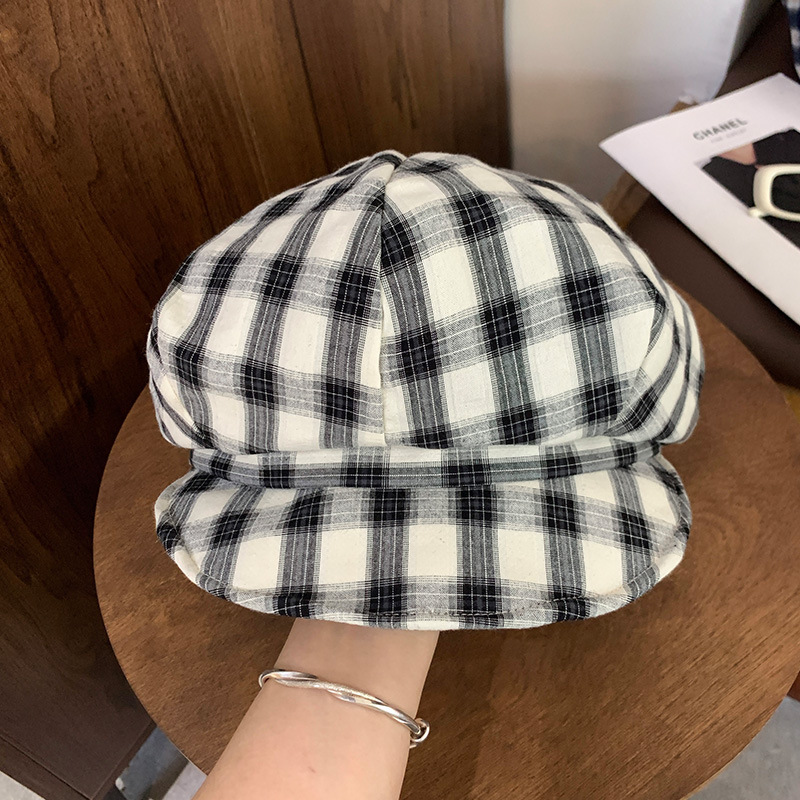 日系复古格子贝雷帽女秋季学院风画家帽大头围显脸小云朵八角帽子|undefined