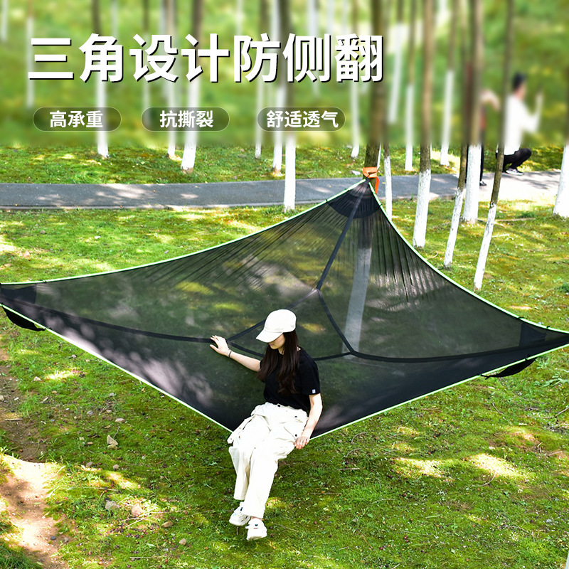 Hamaca triangular para acampar al aire libre con malla antivuelco, gran cama de árbol aérea para varias personas, cesta colgante transfronteriza a prueba de mosquitos.
