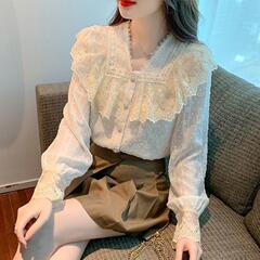 2025年春秋款新品蕾丝上衣女雪纺衫长袖上衣欧货小衫洋气