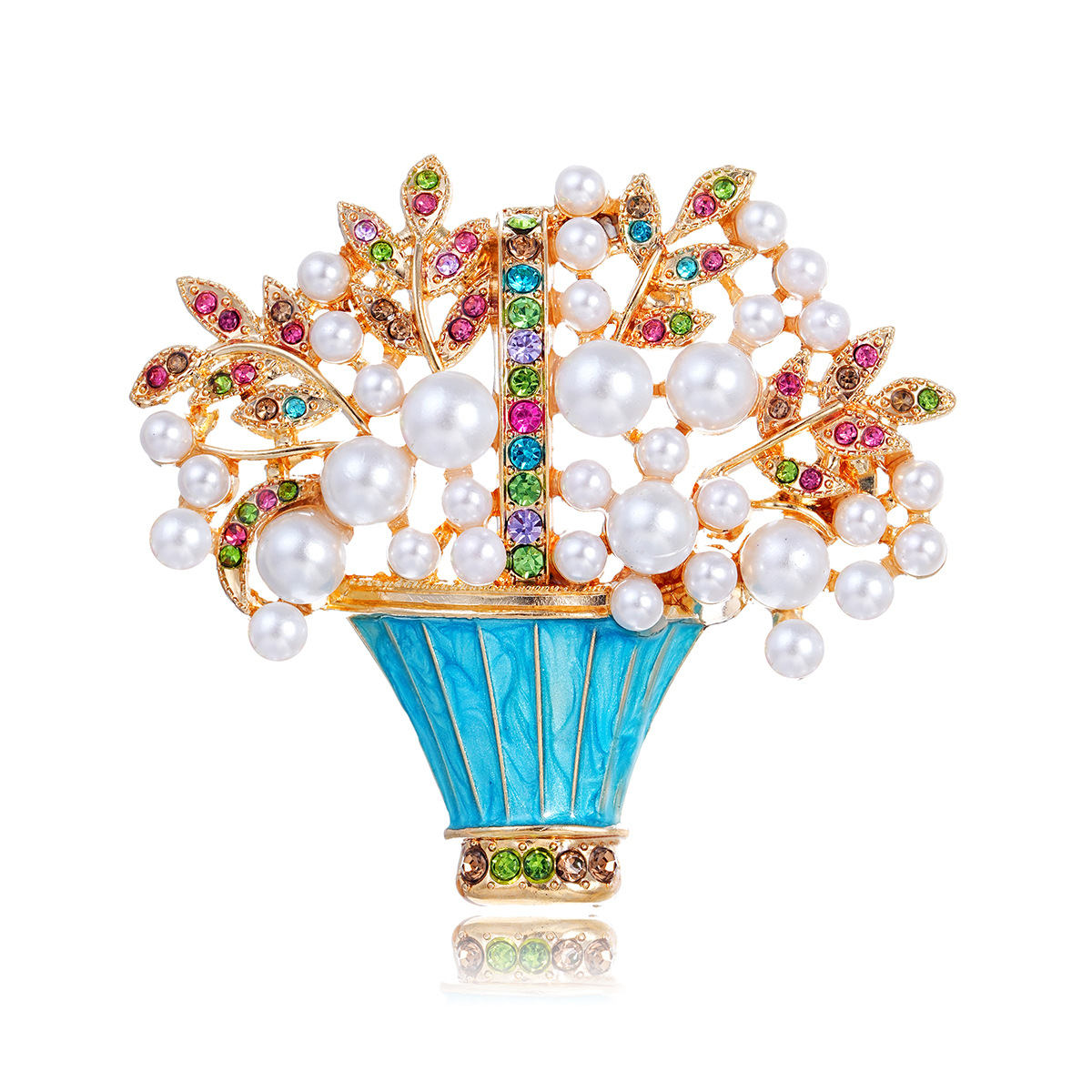 New Glazed Pearl Flower Basket Brooch Fashion Flower Basket Oil Dripping Rhinestone Pin Vintage Bouquet Corsage