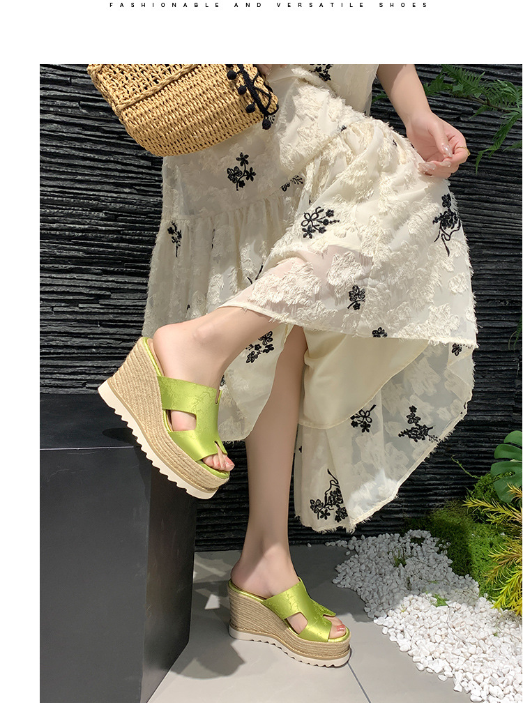 Sandal cao gót nữ hở mũi đế xuồng bện cói da bò thật — màu be, màu hồng, màu xanh huỳnh quang chi tiết 8
