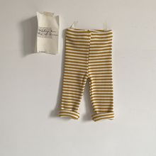 现货韩国进口童装春秋男女童纯色弹力松紧百搭舒适坑条条纹打底裤