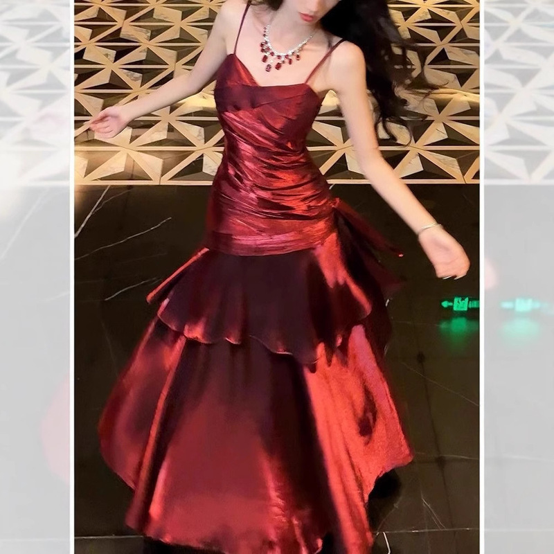 Evening Dress Long Mermaid Ji Ruffled High-end Sling dress Adult Ceremony Banquet Dress Red Dress for Women