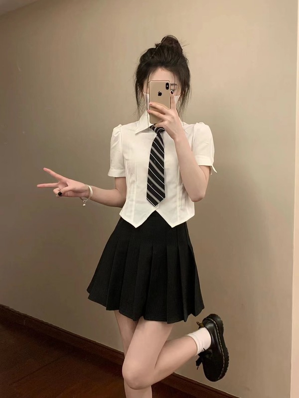Jk制服夏の新型ストラップウエストjkシャツ泡袖半袖ギャル純欲上着学院風セット|undefined