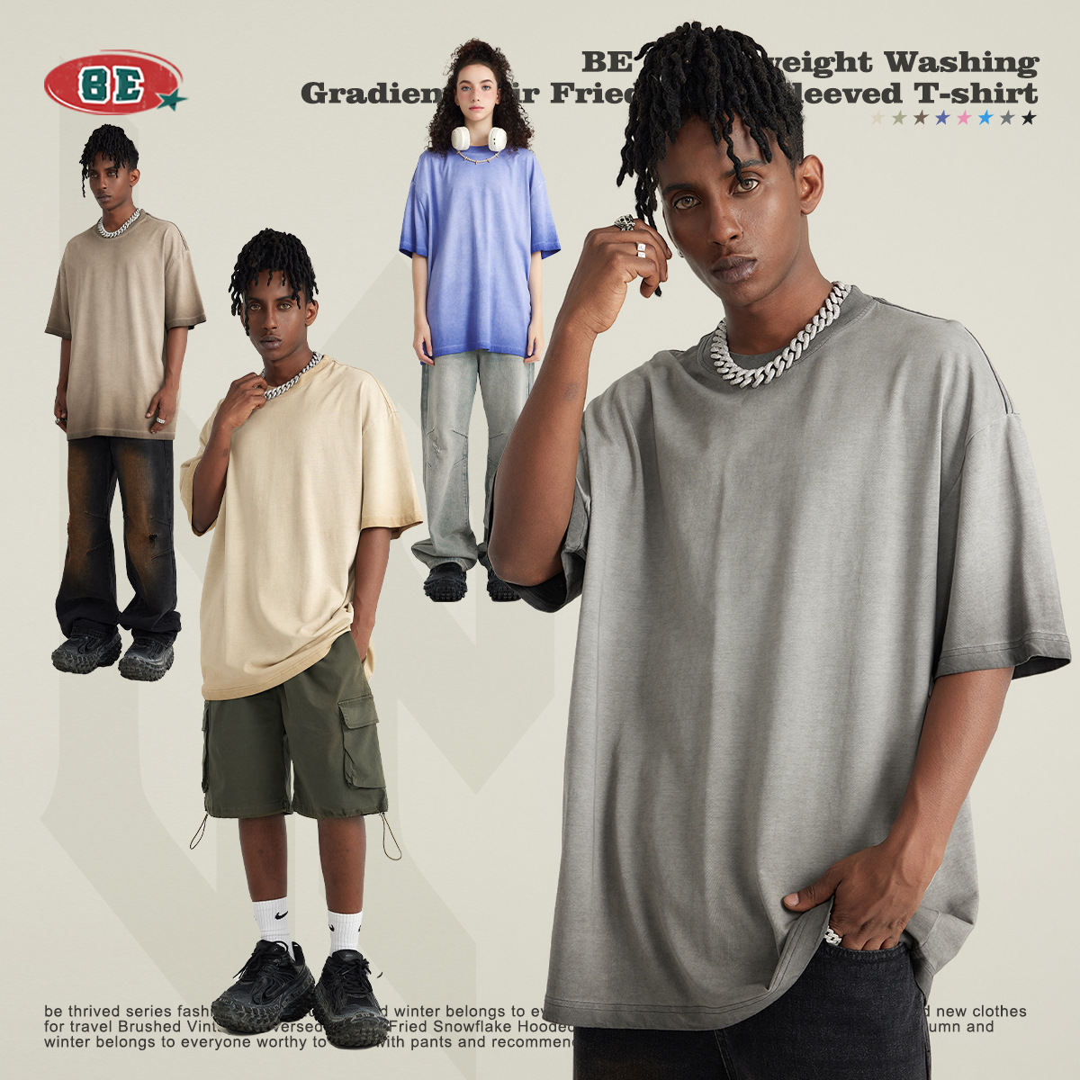 BE ropa de hombre American retro dopamina cuello redondo algodón de manga corta marca de moda juvenil lavado degradado ropa de manga corta hombres