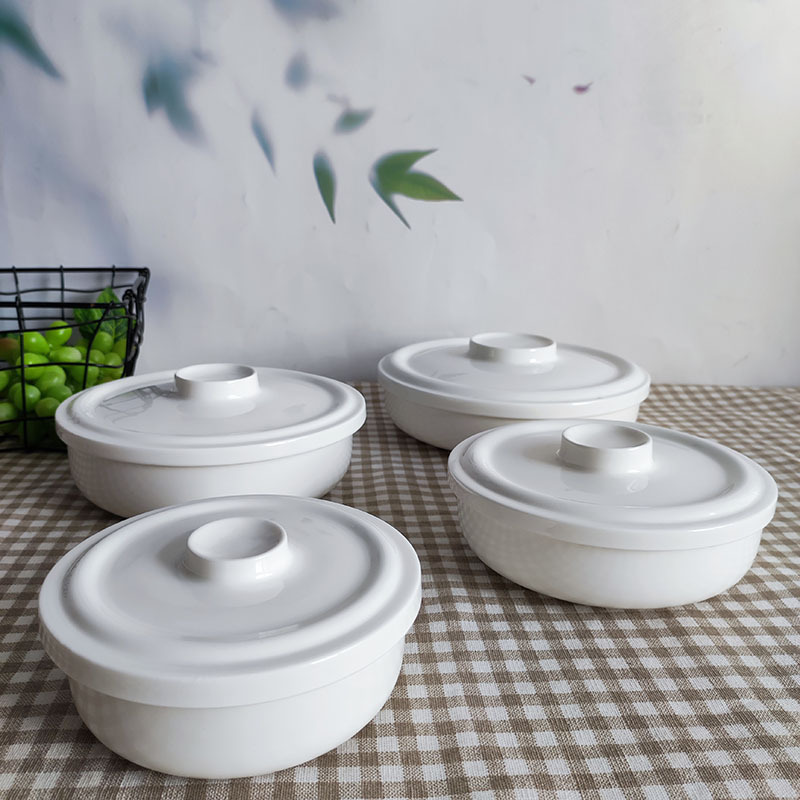Ceramic White Bowl with Lid, Household Deep Dish Plate, Steamed Egg Bowl, Hotel Restaurant Commercial Tableware Gift Bone China Plate
