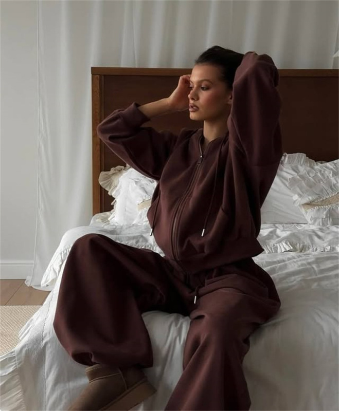 时尚欧美ins风女装休闲长袖连帽运动开衫长裤两件套春秋纯色女装|undefined
