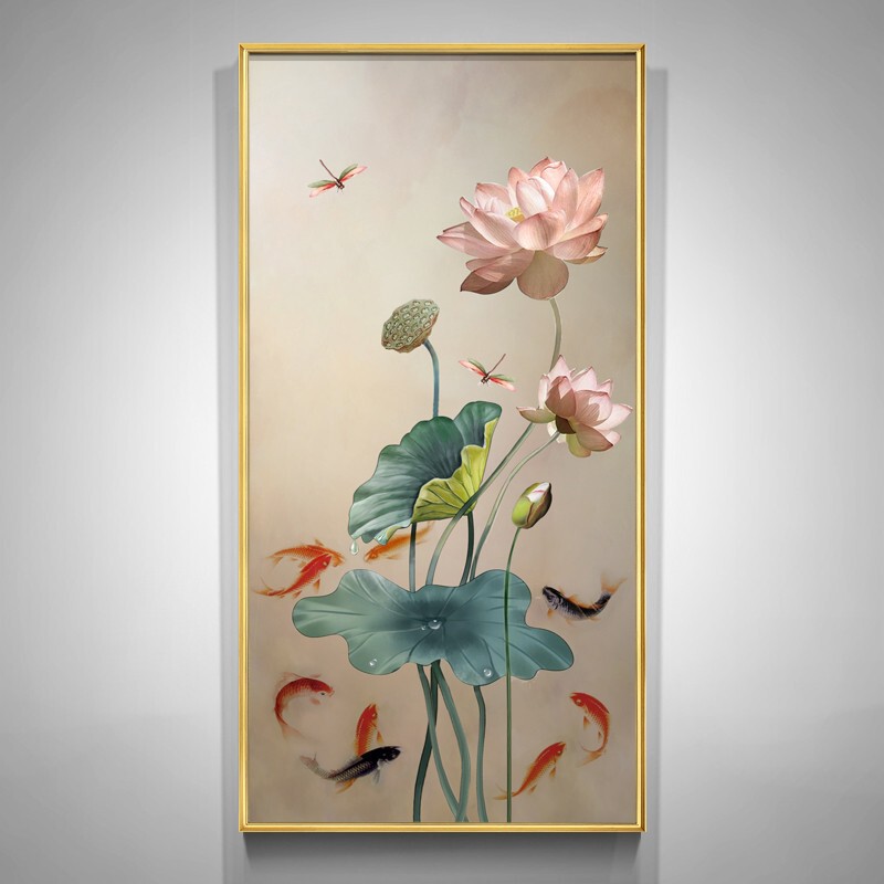 蓮と魚の絵スプレー油絵玄関装飾絵画垂直バージョン新中国風のリビングルームライト高級ハイエンド吊り絵画|undefined