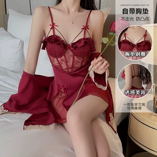 瑰若缎面蕾丝加胸垫钢圈聚拢拼纱透视诱惑睡裙外袍家居服套装2072