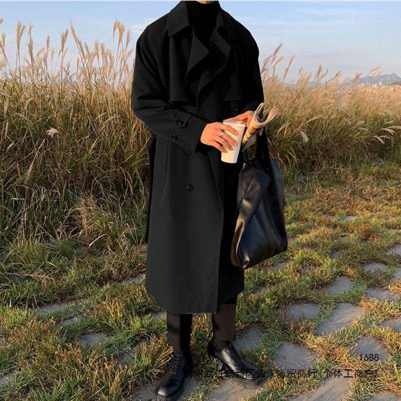 Men's mid-length, trendy, loose-fitting, over-the-knee, double-breasted, thickened trench coat for autumn and winter.