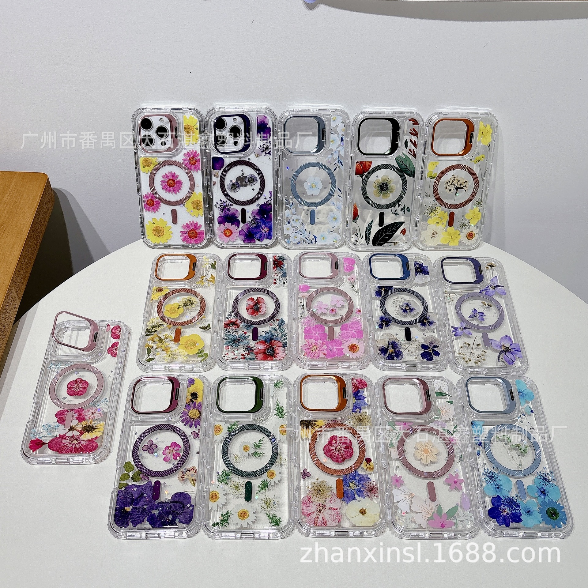 三合一镜头支架手机壳菠萝纹引磁仿真花彩绘滴胶防摔壳360保护套