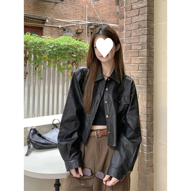 革のコートの女性春と秋の韓国版2025の新型の小さい背の高級感の短い項のゆったりしている長袖の機関車の服のジャケット|undefined