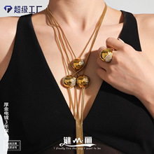 谜丽空心半圆镶锆石戒指耳钉抽拉长款毛衣项链轻奢感大气手饰套装