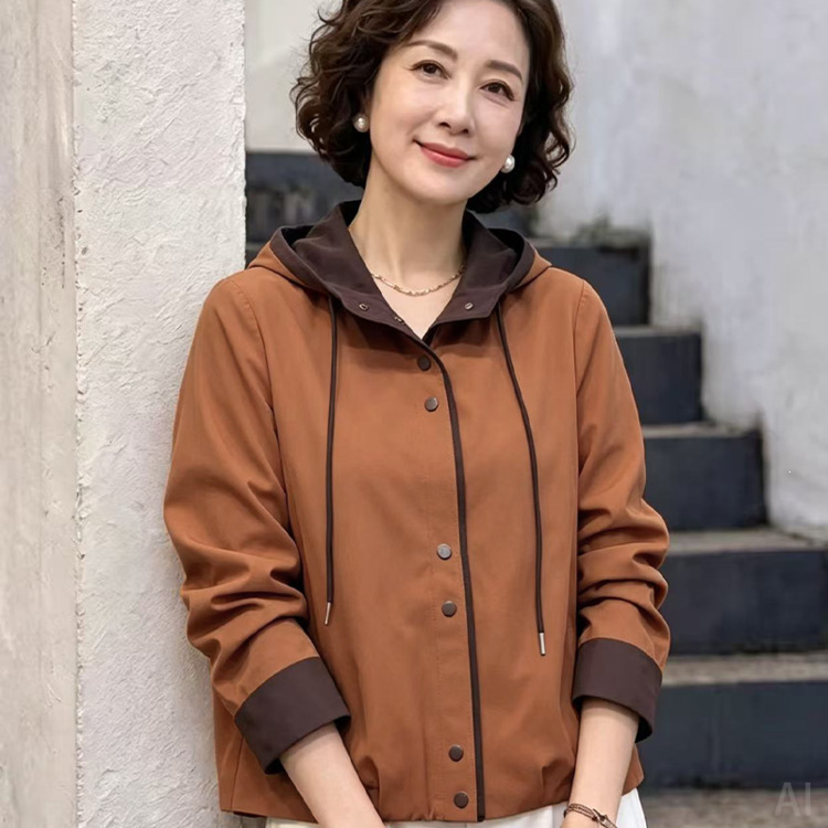 Autumn color-blocked hooded jacket for mothers, short loose casual coat, versatile outerwear for middle-aged and elderly women