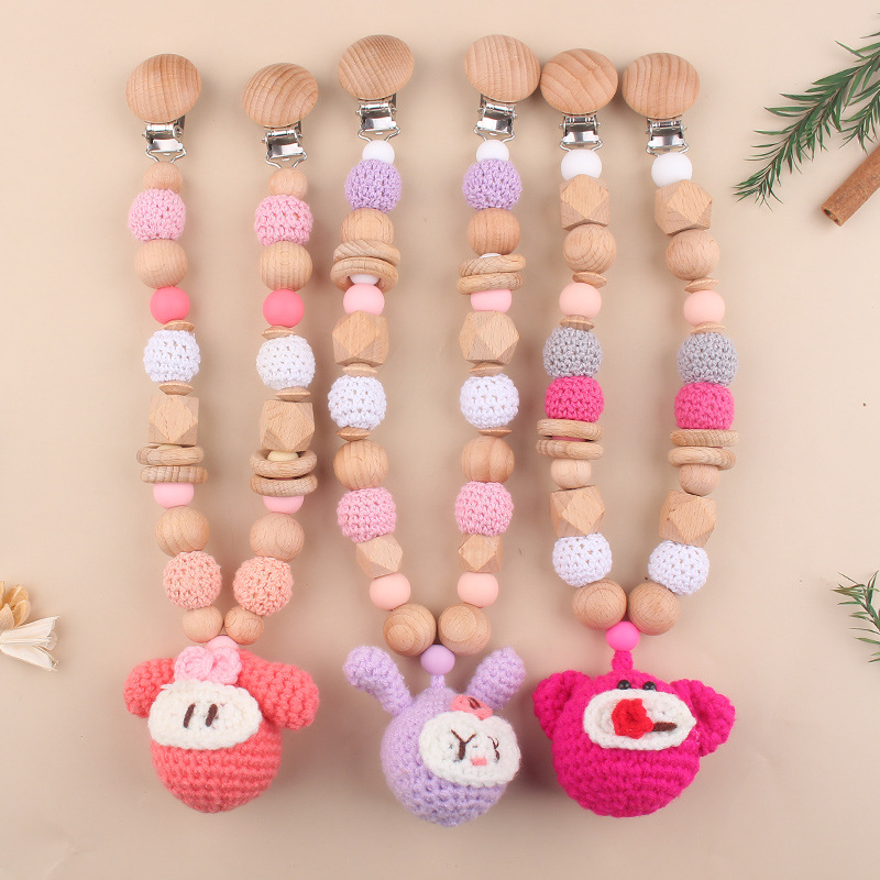 Cadena de chupete de bebé Campana de cama de bebé de madera Muñeca de ganchillo cordón anti-pérdida Cochecito de bebé Hanging toy