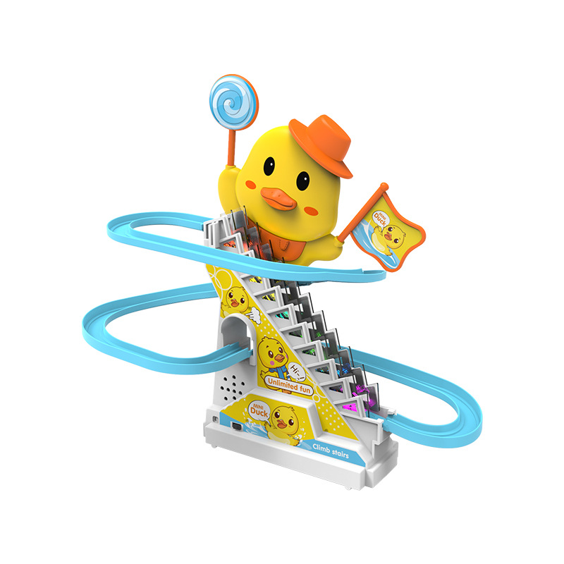 Nuevas cajas de color transfronterizas patos amarillos escaleras de pista eléctrica tobogan música iluminación puzzle juguetes de ensamblaje