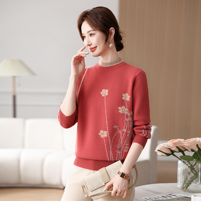 Mom's Autumn and Winter Velvet Warm Knitwear Bottoming Middle-Aged and Elderly Style Round Neck Knitwear All-In-One Knitted Knitwear Warm Top