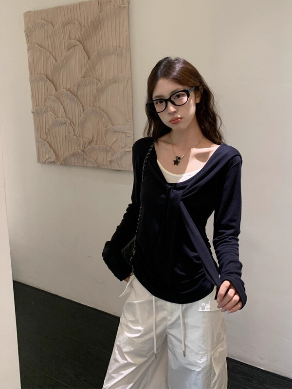 【260克人棉莫代尔】设计感系带假两件修身显瘦外穿百搭撞色上衣|undefined