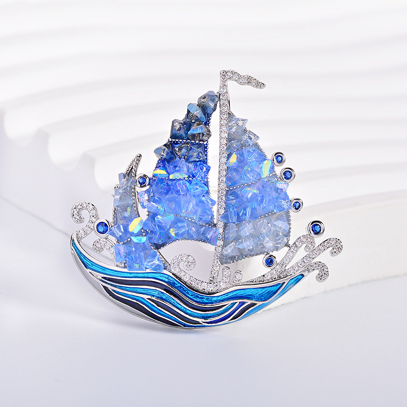 New Smooth Sailing Sailing Brooch, High-End Light Luxury Crystal Corsage Brooch, Enamel Colorful Clothing Accessories Wholesale