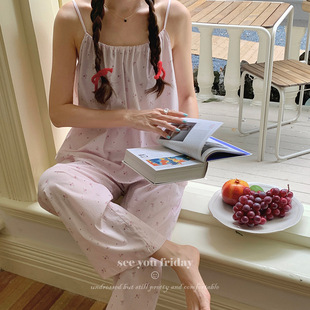 60 Woven Cotton Four-color Floral Sling Trousers suit Breathable Comfortable South Korea 2024 Summer New Pajamas for Women