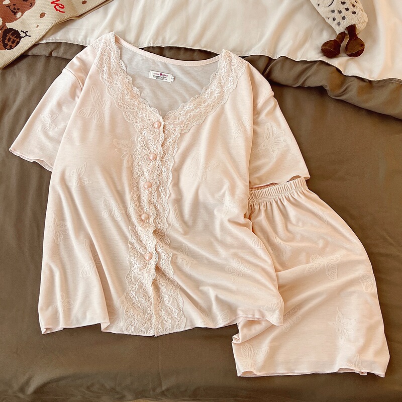 2026 Summer New Style 6535 Cotton Small Lapel Embossed Double Short Home Wear Set with Chest Pads for Girls