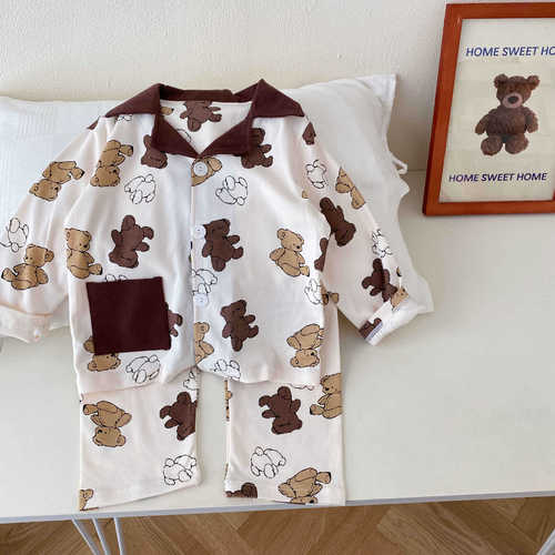 Hucai Autumn/Winter New Children's Cartoon Crew Neck Casual Comfortable 100% Cotton Open Front Pajama Set Home Clothing Set