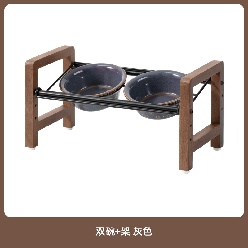 Cuenco doble con borde de nieve (gris) + soporte de acacia con doble gota