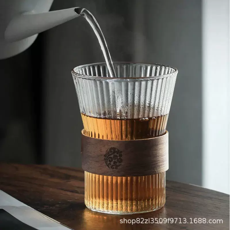 竖条纹风琴束腰杯家用挂耳咖啡茶杯日式早餐牛奶杯带杯套玻璃杯