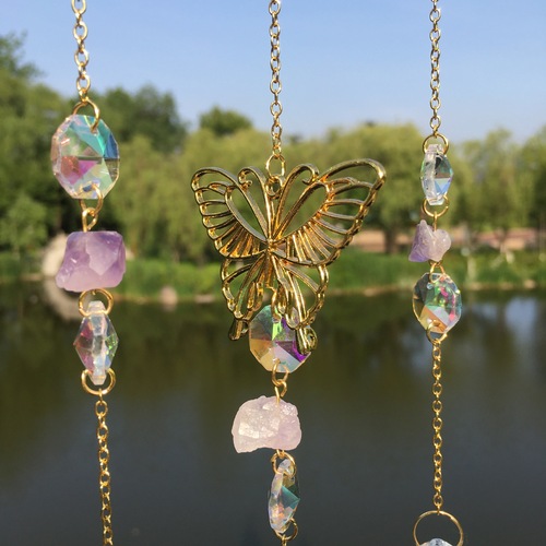Hemp rope leaves hand-tied flower butterfly accessories moon wind chime natural crystal garden pendant crystal ball decoration