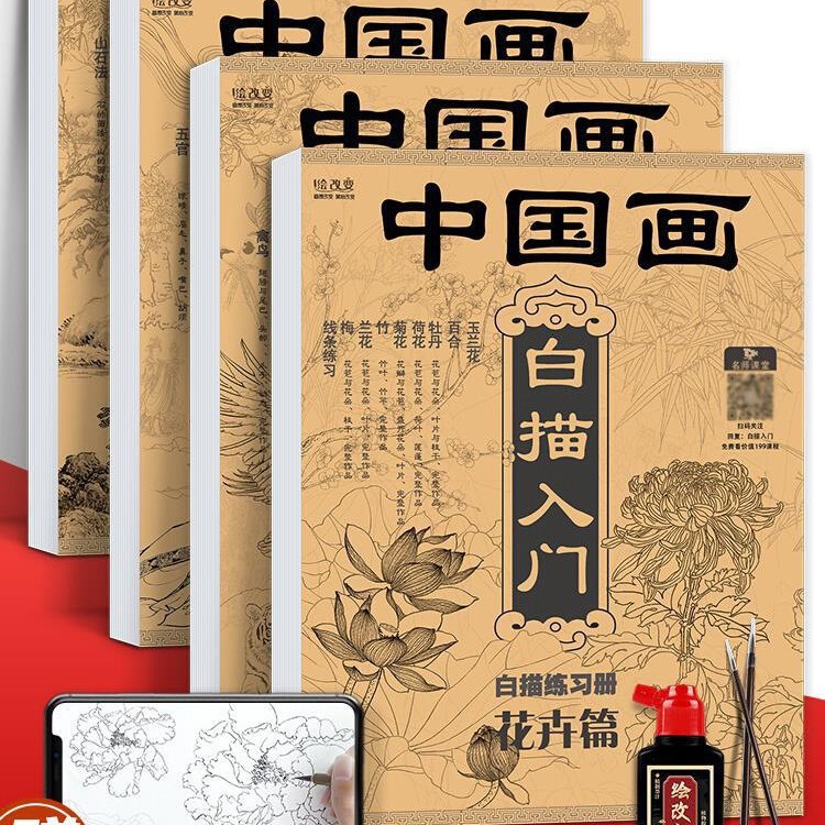 中国画白描入门描摹本国画工笔花卉人物美术套装画本工具描红书初