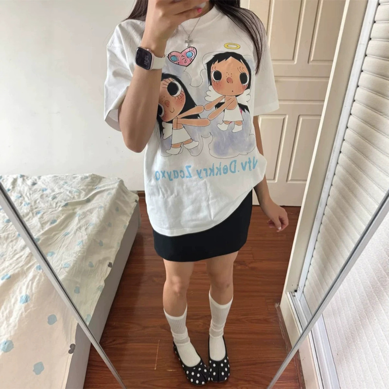 Plus-size American-style heart angel extra-large short-sleeve T-shirt for women, summer pure cotton casual cute loose top 2026