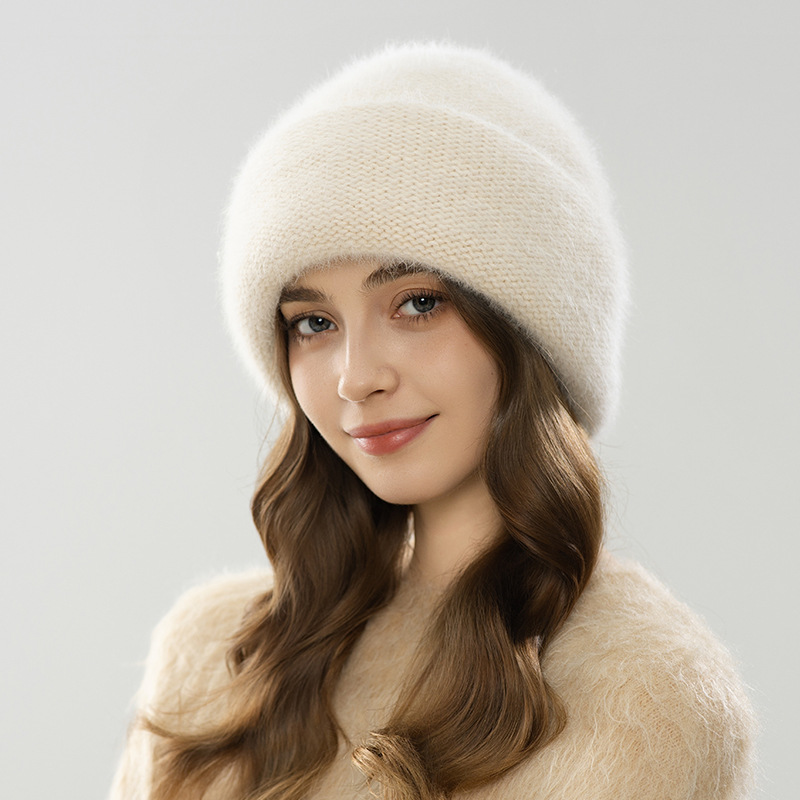 Mũ len beanie nữ dệt kim len thỏ Angora, chu vi vòng đầu lớn, giữ ấm mùa đông — màu be