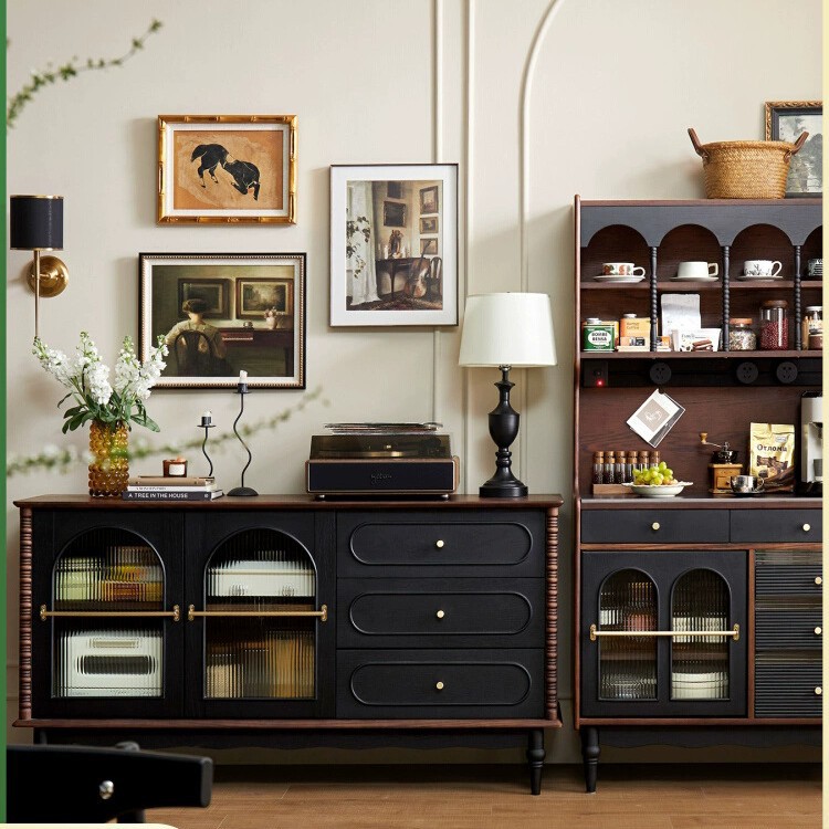 French Style Solid Wood Sideboard Living Room Middle Ancient Storage Tea and Wine Cabinet Home Restaurant Vintage Wall Storage Cabinet