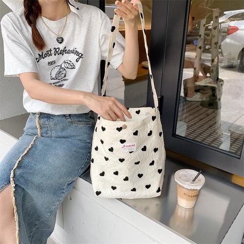 36252 New Texture Heart Canvas Single Shoulder Bag Large Capacity Handbag Makeup Bag Student Underarm Bag
