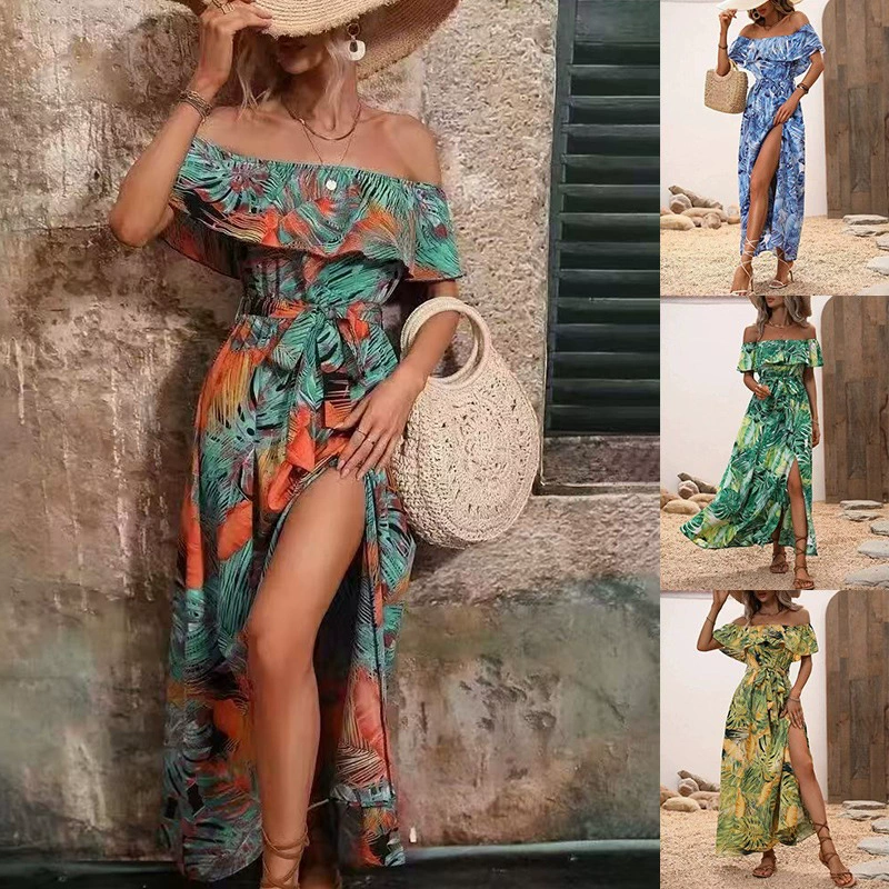 Летнее платье с открытыми плечами, оборками и завязками на талии для женщин, коллекция 2024 года, для трансграничной торговли на Amazon и независимых площадках, в европейском и американском стиле.