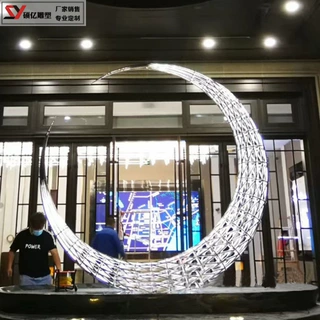不锈钢圆环雕塑金属月亮镂空月牙发光水景售楼部摆件镜面半圆