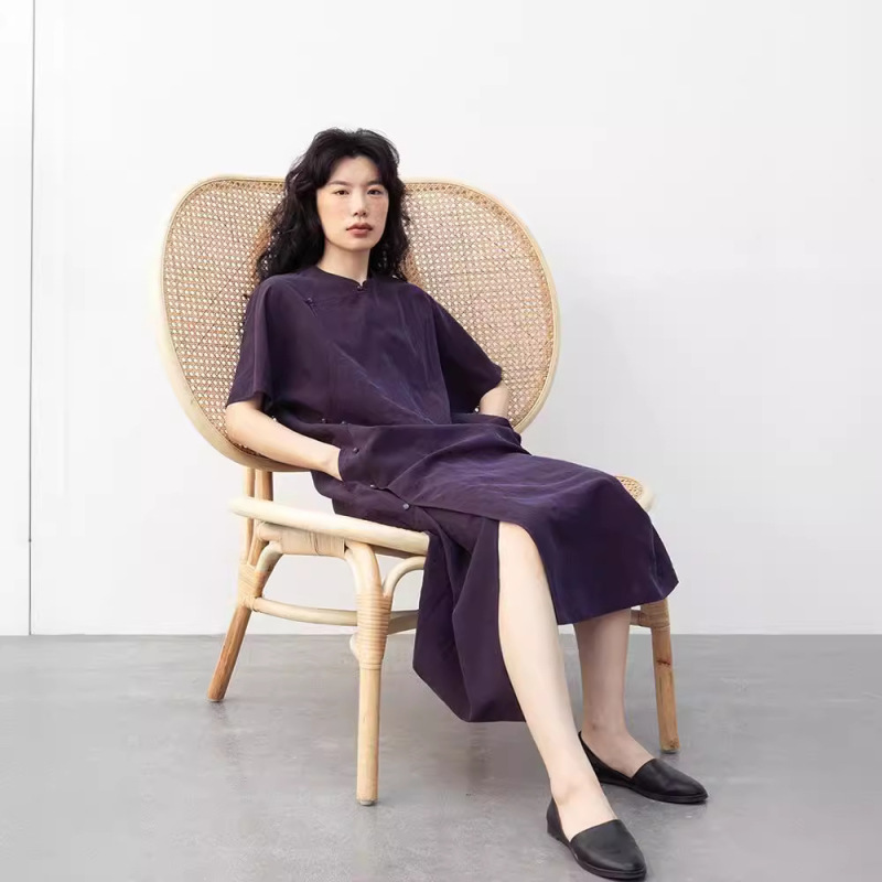 【Four Seasons Green】Silk Xiangyunsha Cracked Pattern Purple Cheongsam 100% Mulberry Silk Dress Silk Dress