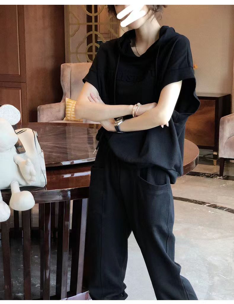 Women's Sports Casual Hooded 2026 Summer New Loose Versatile Short Sleeve Plus Size Two-Piece Set Cross-Border Wholesale_ecoleips.com