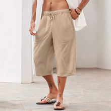 2025亚马逊速卖通TEMU 欧美跨境男士棉麻休闲多口袋沙滩短裤