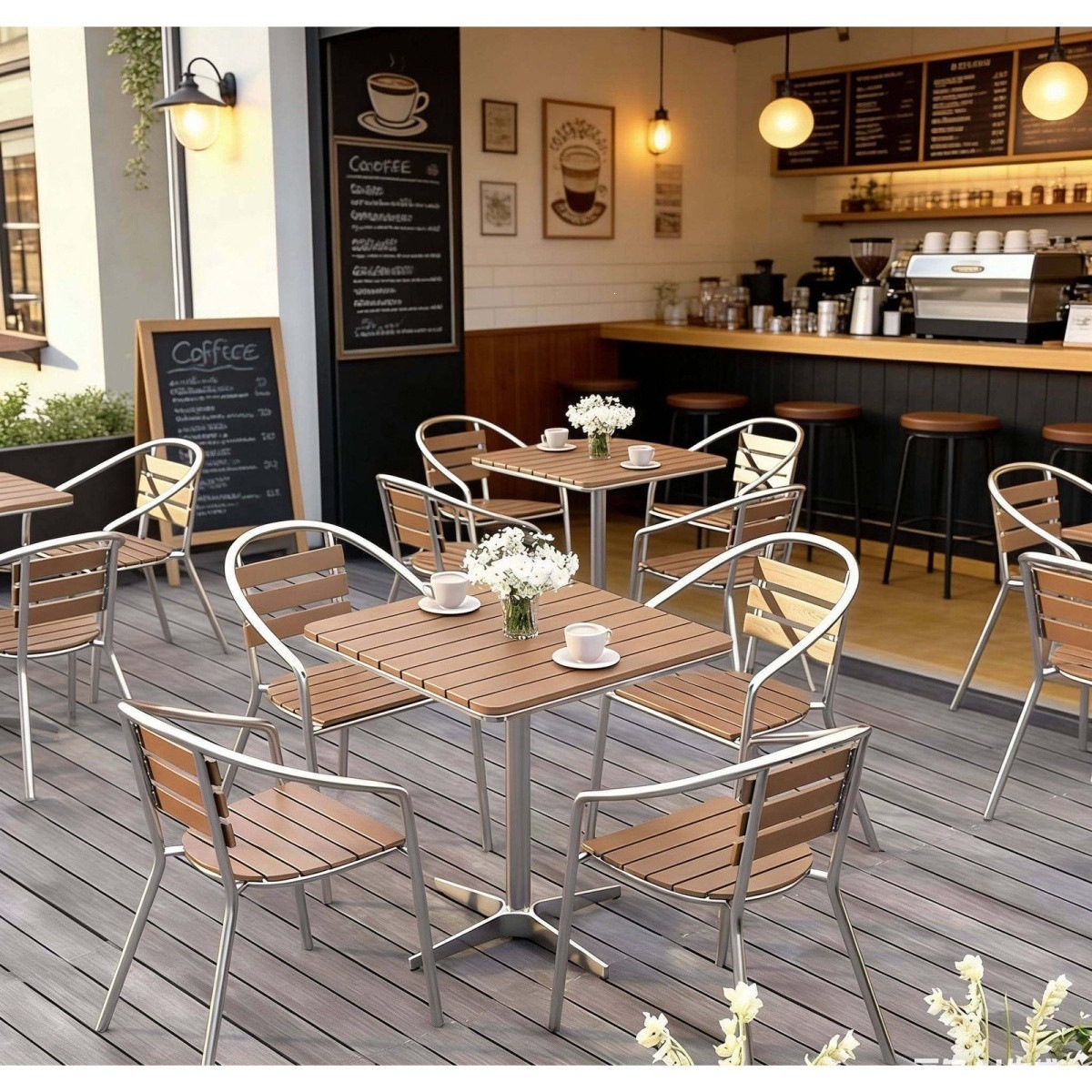 Outdoor coffee table and chairs, courtyard cafe leisure set, outdoor balcony milk tea table, waterproof and sun-proof tabletop, made of plastic wood