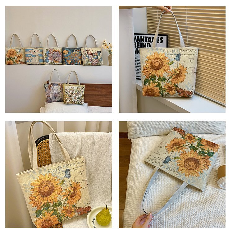 Double sided gold wire jacquard embroidered canvas student tutoring shoulder large capacity mommy bag, artistic style_voghion.com