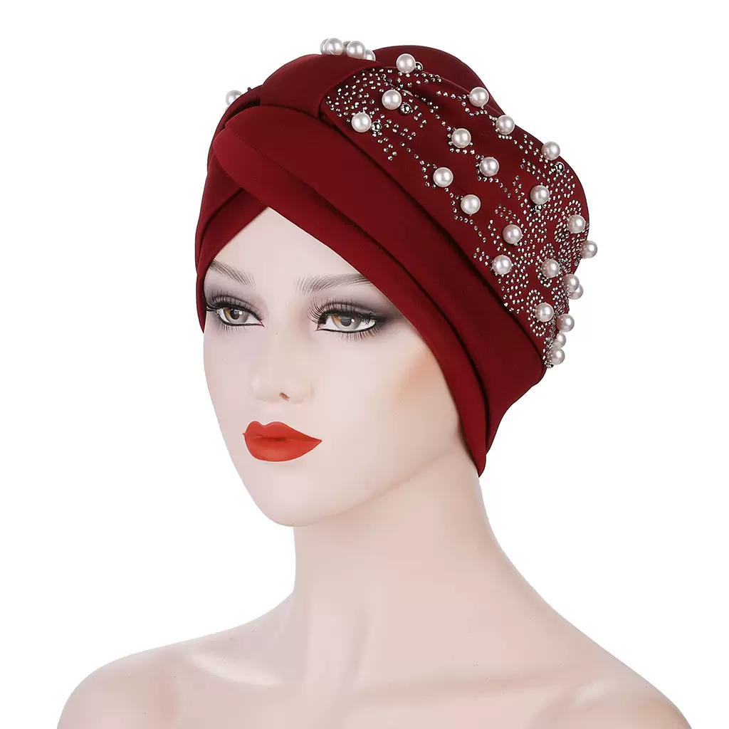 2024跨境专供欧美新款太空棉头巾帽 女士烫钻钉珍珠包头帽turbans