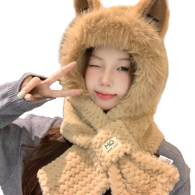 New Winter Women's Hat Scarf One Piece Thickened Warmth and Velvet Knitted Hat Cold Proof Winter Hat Neckband Two Piece Set_voghion.com