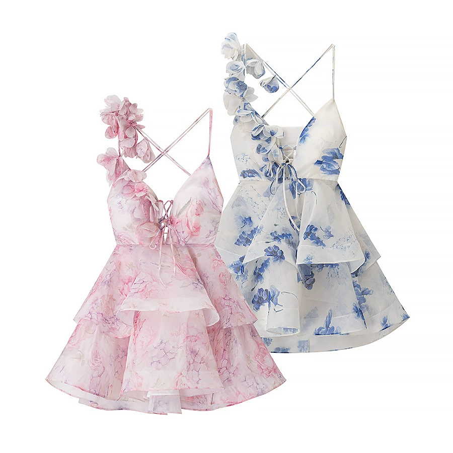 Трансграничная европейская и американская одежда AliExpress, популярная тонкая юбка с цветочным принтом и V-образным вырезом