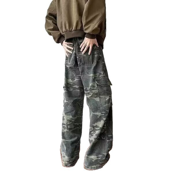 Vintage jeans de cintura alta de mujeres primavera y otoño diseño de camuflaje nicho pantalones largos rectos sueltos pantalones de piernas anchas