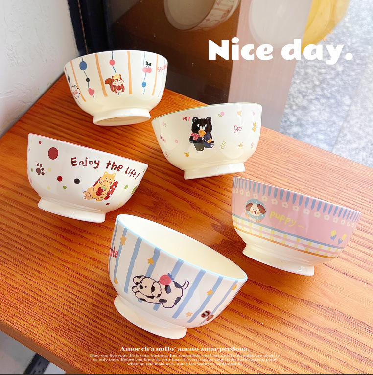 Cute Cure Cute Cute Ceramic Rice Bowl Plate Ceramic Partition Lunch Box Handle Bowl Instant Nink Bowl Bottle Opener Spoon