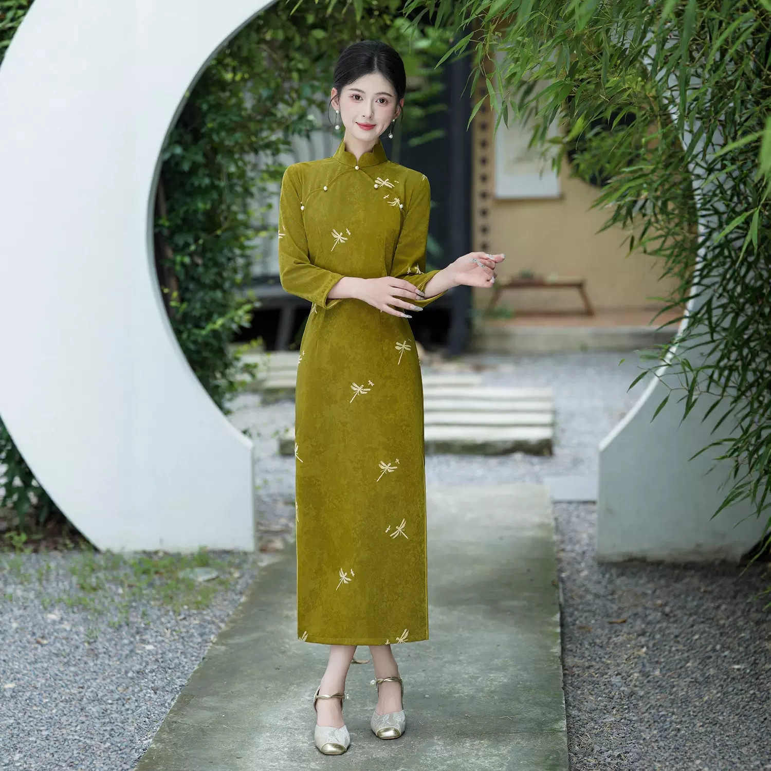 2025新款旗袍 冰花泡泡 单层长袖 蜻蜓